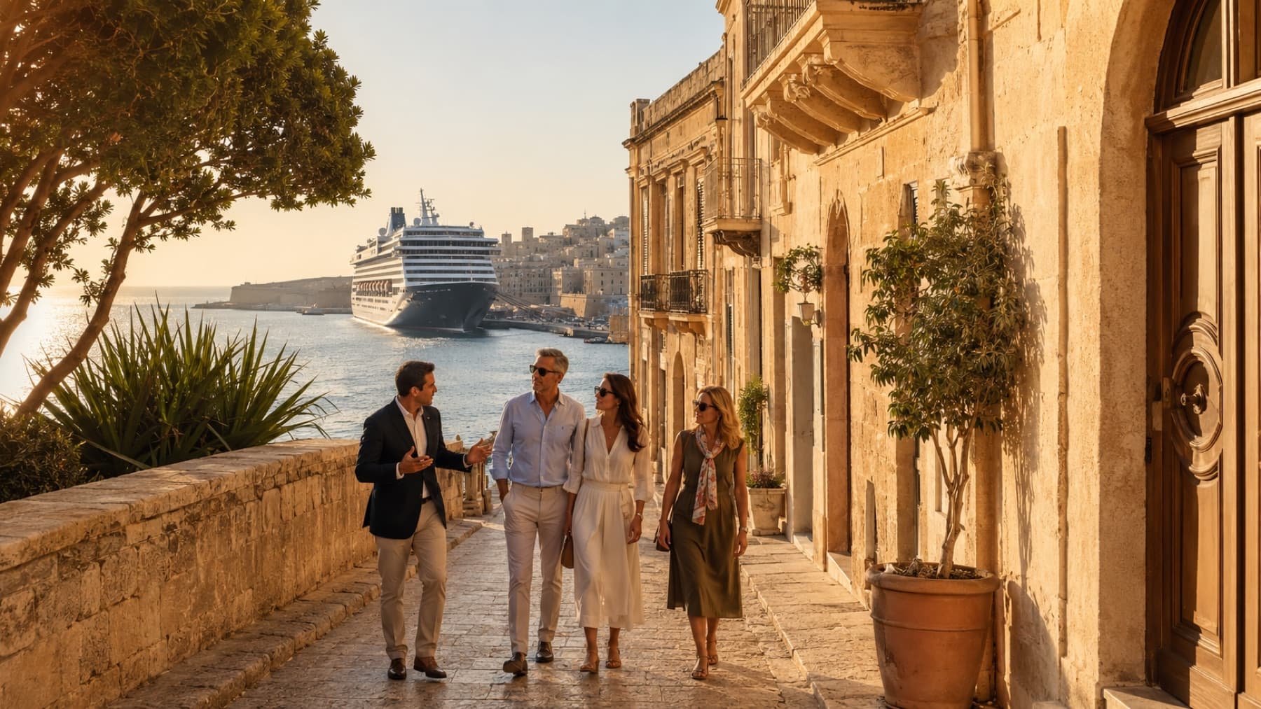 Akdeniz limanında danışmanıyla yürüyen bir grup, arka planda demirli cruise gemisi