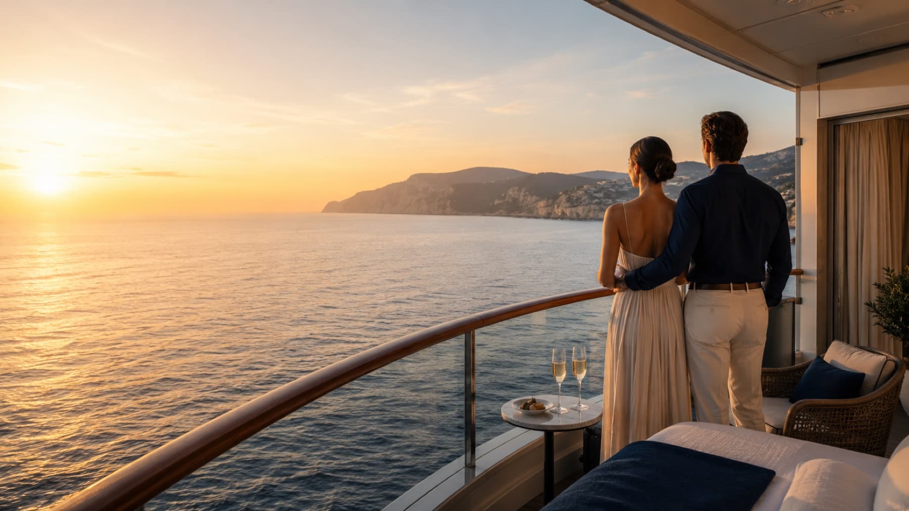 Lüks cruise süitinin balkonunda Akdeniz gün batımı, iki şampanya kadehi önde